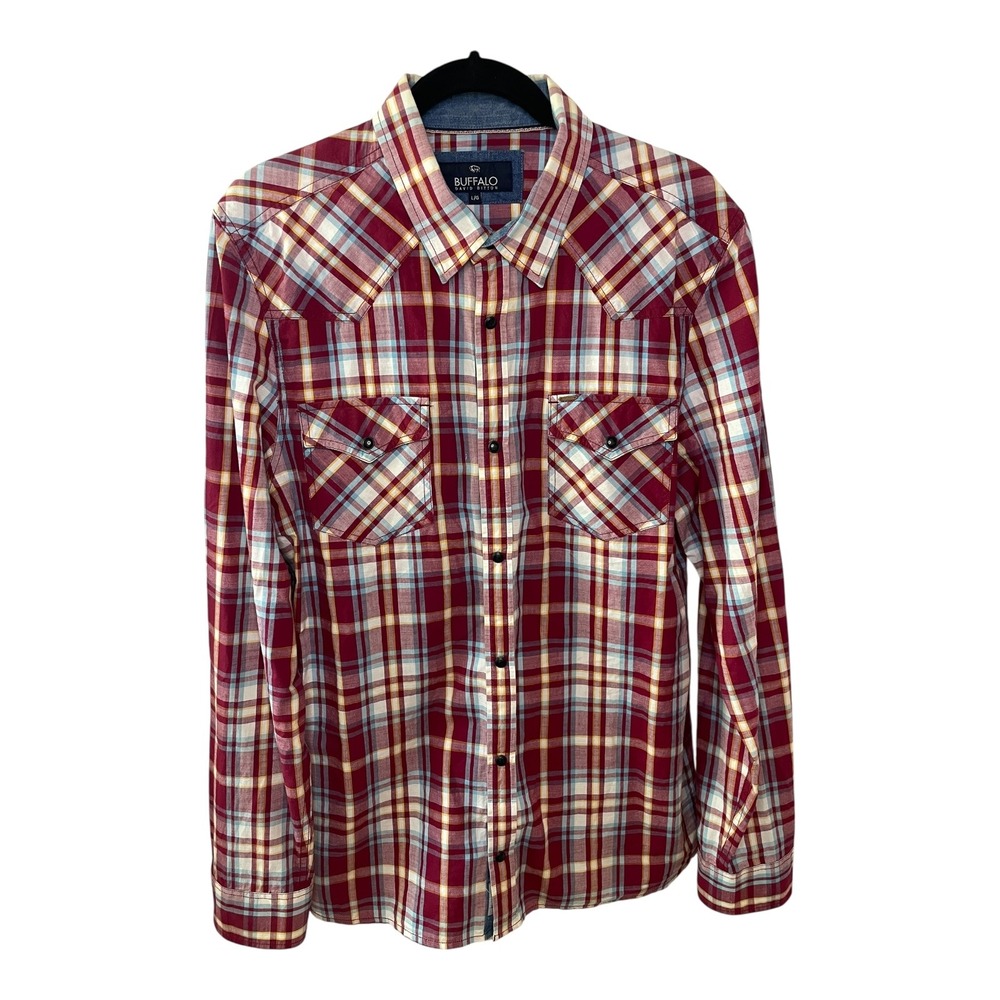 Buffalo David Bitton Mens Red Plaid Western Shirt L/G Long Sleeve Snaps Fall‎